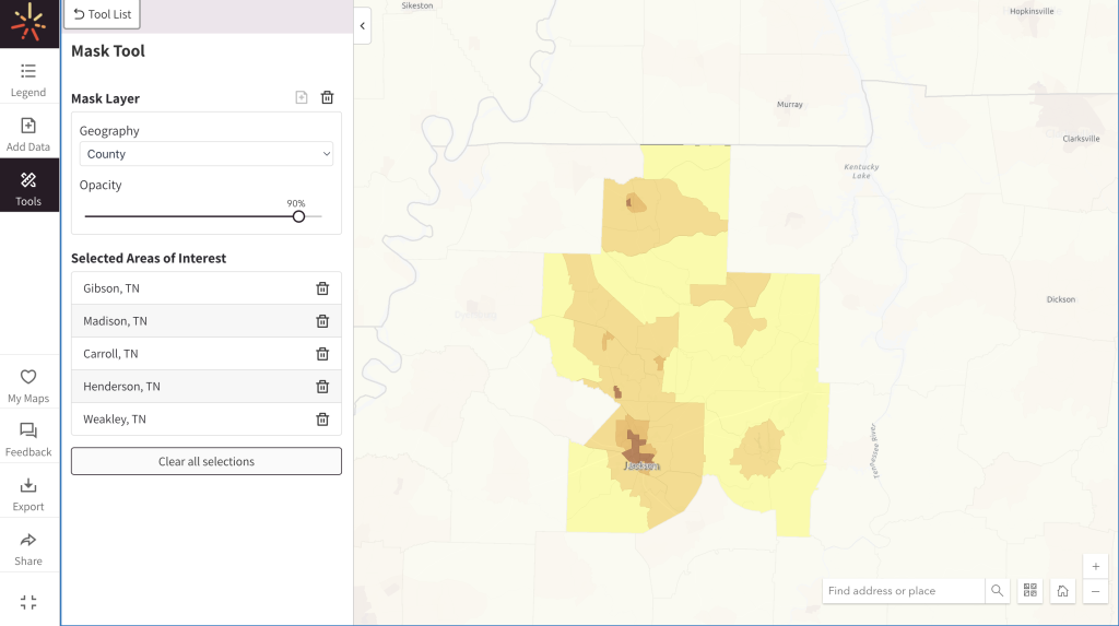 A SparkMap visitor clicks counties of interest to add them to their map. 